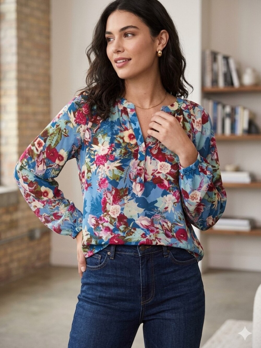 Chaus New York Floral Blouse Sz M Vibrant Lightweight
